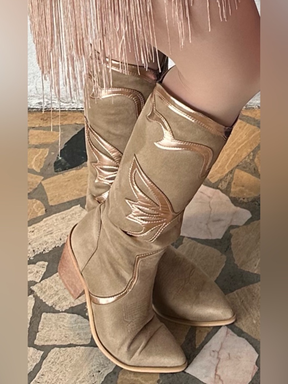 Western Butterfly Knee-High Boots with Rose Metallic Trim